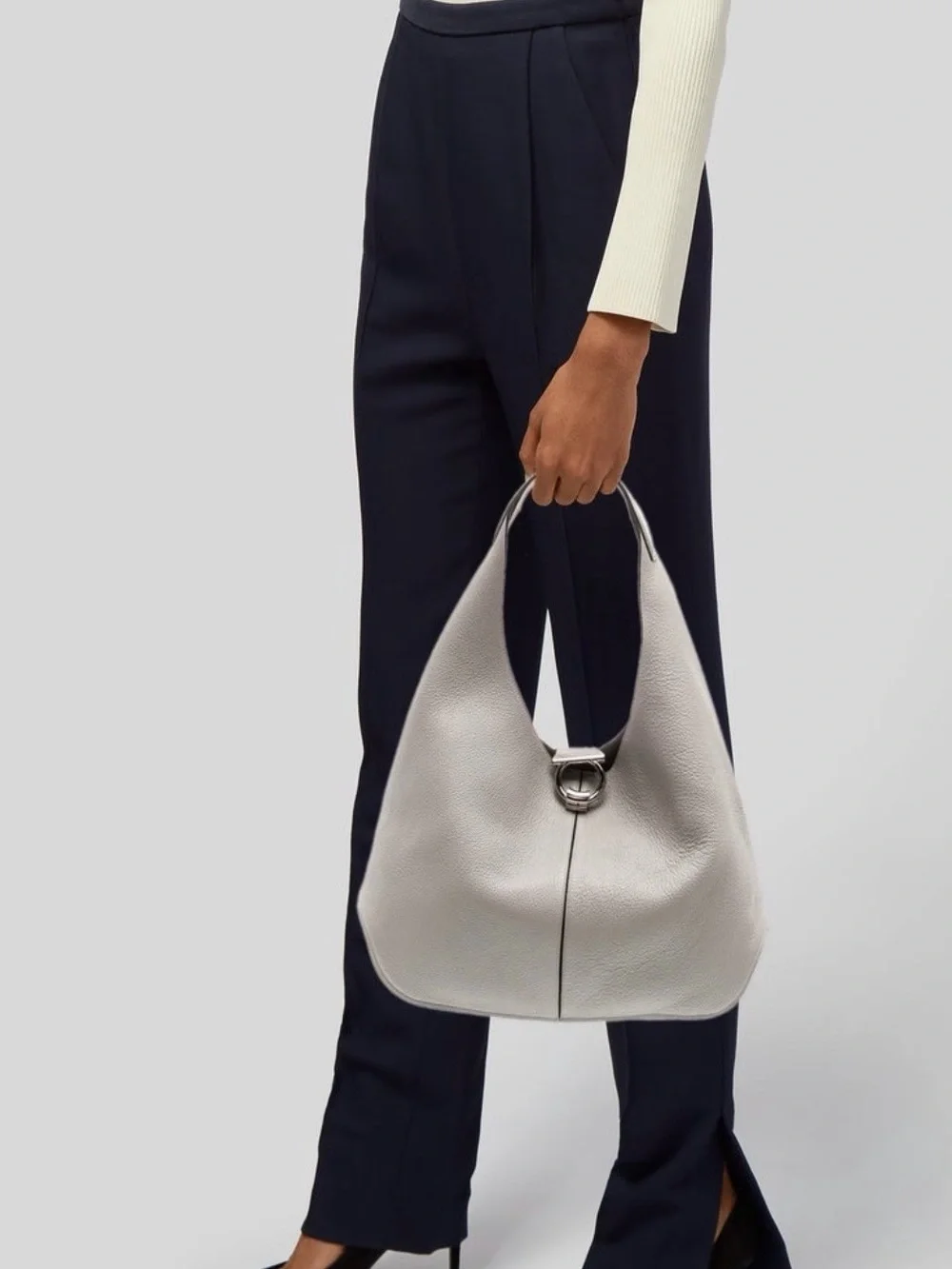 Structured Pebbled Leather Hobo Bag - Light Gray